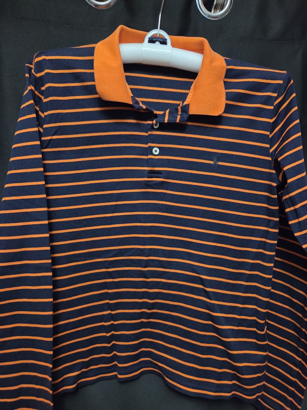 Kids Navy and Orange Striped Long Sleeve Polo